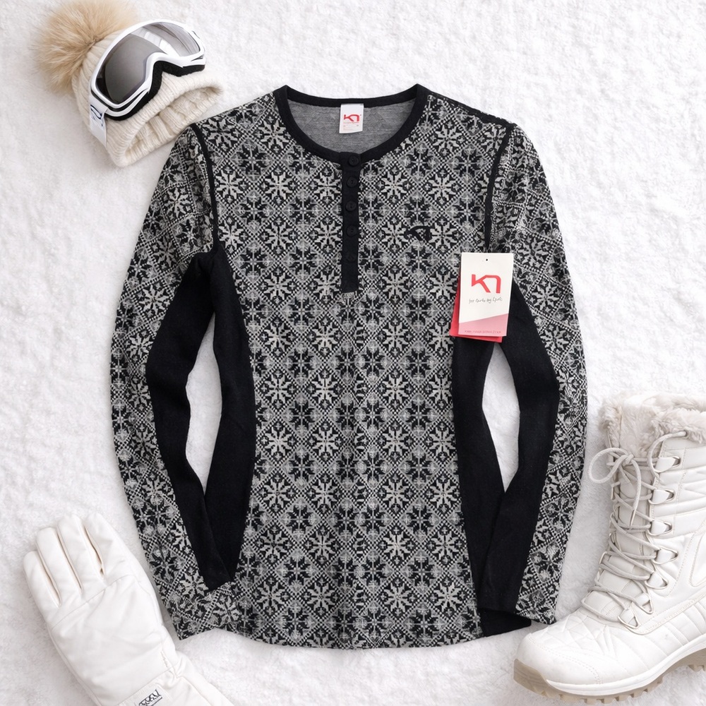 Kari Traa 100% Wool Base Layer Henley Top M Nordic Print Black Gray NWT - Picture 10 of 11